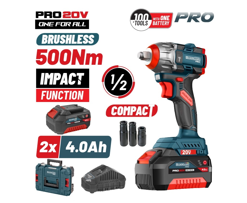 Εργαλεία μπαταρίας - BORMANN Pro BBP5422X44CA Μπουλονόκλειδο Compact Brushless Mπαταρίας 20V Li-Ion,500Nm,2x4Αh,Βαλίτσα