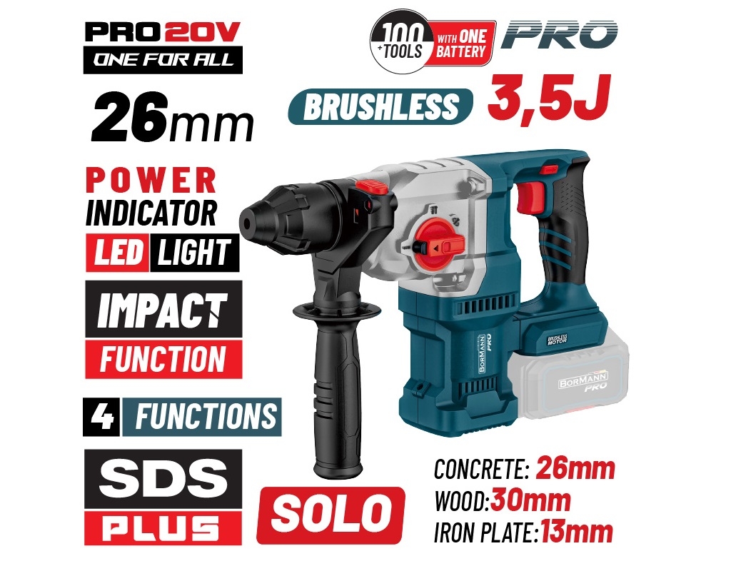 Εργαλεία μπαταρίας - BORMANN Pro BBP5315 Πνευματικό Σκαπτικό Μπαταρίας SDS-PLUS,Brushless 250V,3.5J,0-1150rpm,SOLO