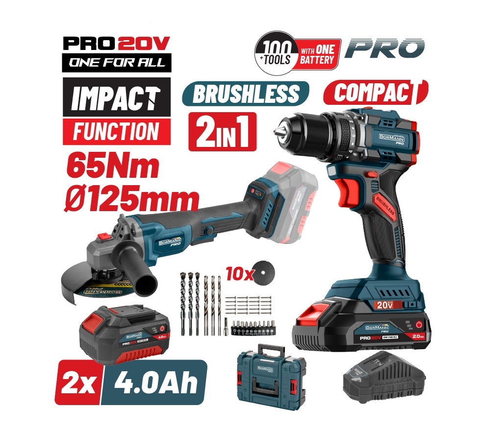 Cordless Power Tools - BORMANN Pro BBP5433X44T2CA Σετ Compact Brushless Κρουστικό Δραπαν/βιδο 65Νm και Γωνιακός Τροχός,ΒMC