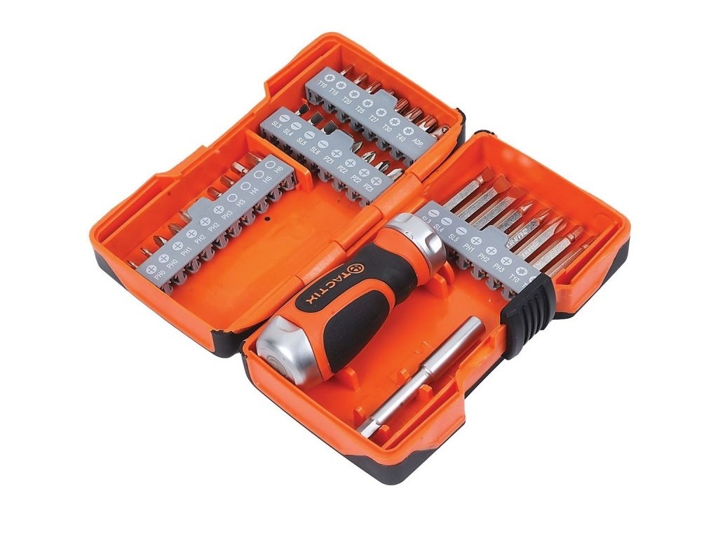 Hand Tools - Tactix - Screwdriver CR-V, ratchet, 45 teeth & Non-slip handle and noses, set 36 pcs.