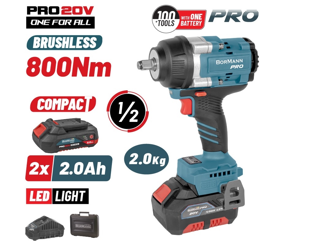 Εργαλεία μπαταρίας - BORMANN Pro BBP5386X22C Μπουλονόκλειδο Brushless Mπαταρίας 20V,Li-Ion,2x2Ah,800Nm και Βαλίτσα