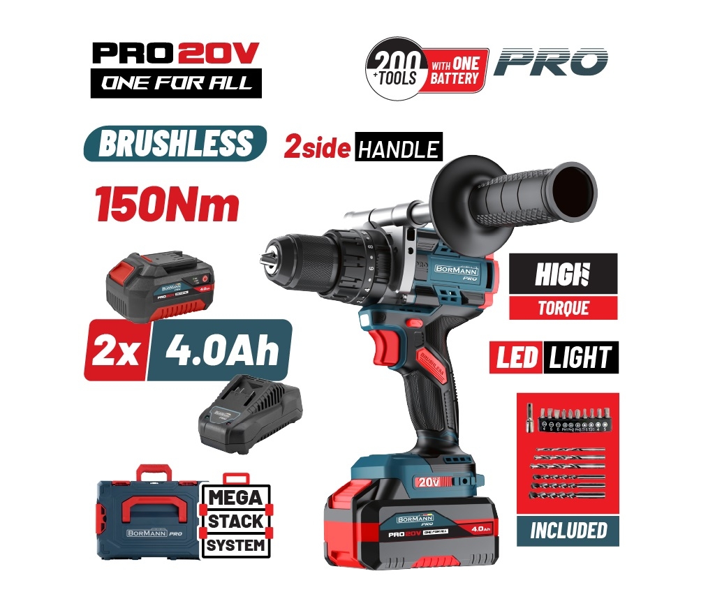 Cordless Power Tools - ΒΟRMANN Pro BBP5406X44CA Δραπανοκατσάβιδο Κρουστικό,Compact,Brushless Μπαταρίας 20V,Li-Ion,2x4Ah