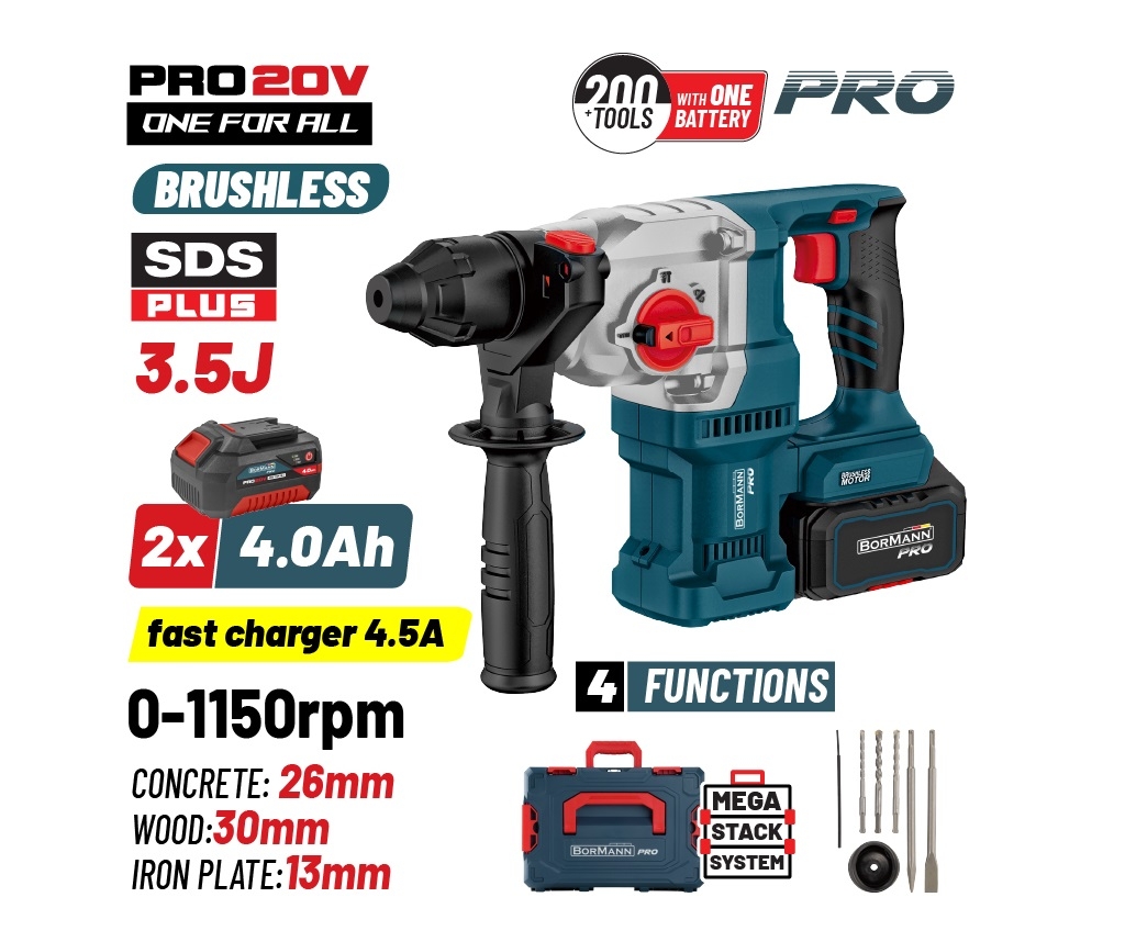 Εργαλεία μπαταρίας - BORMANN Pro BBP5316X44CA Πνευματικό Σκαπτικό Μπαταρίας SDS-PLUS Brushless 20V, 2x4.0Ah,3.5J