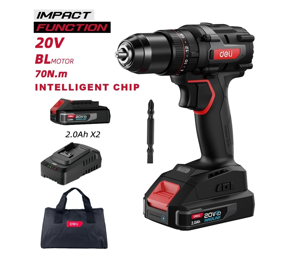 Cordless Power Tools - DELI κρουστικό δραπανοκατσάβιδο μπαταρίας DE-CZ20-1D2, Brushless, 20V, 2x 2Ah, 70N.m