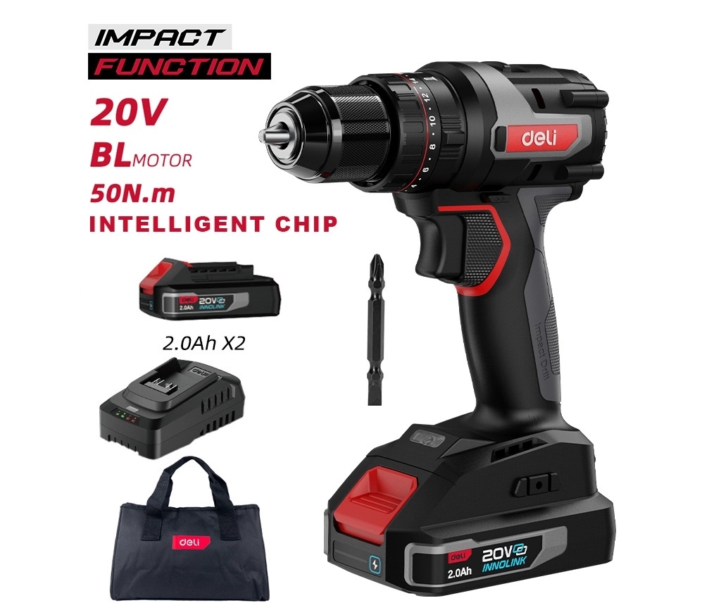 Cordless Power Tools - DELI κρουστικό δραπανοκατσάβιδο μπαταρίας DE-CZ20-2D2, Brushless, 20V, 2x 2Ah, 50N.m
