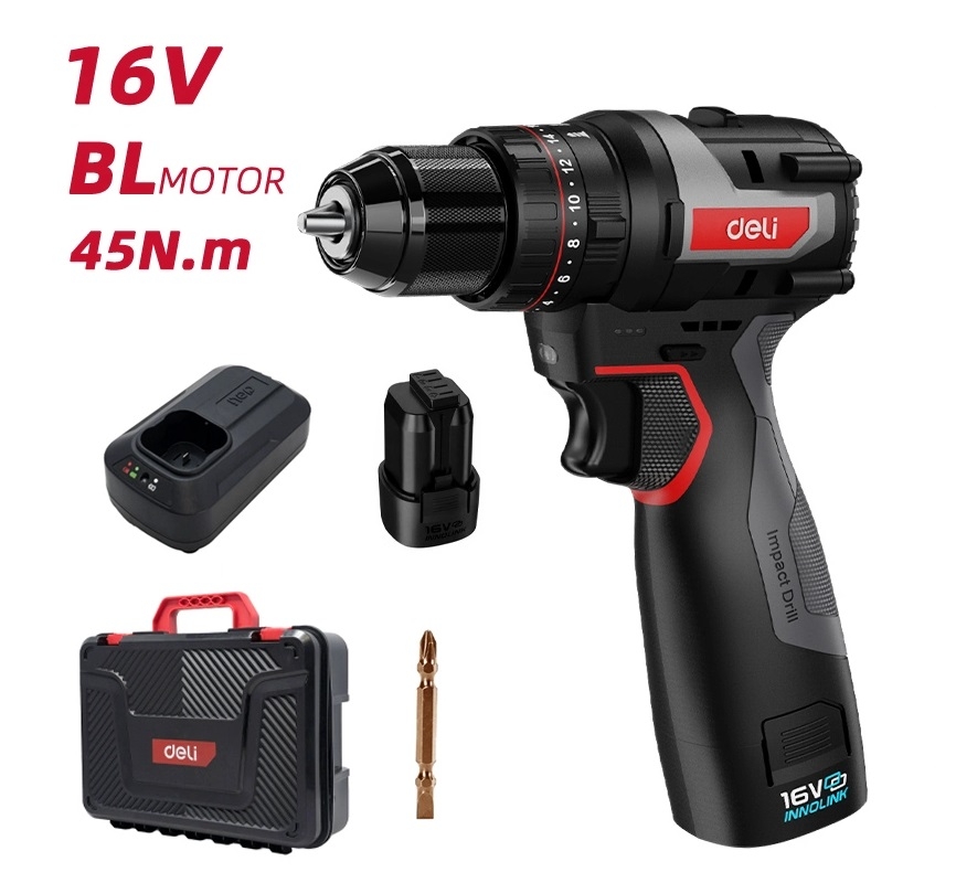 Cordless Power Tools - DELI κρουστικό δραπανοκατσάβιδο μπαταρίας DE-CZ16-1A2, Brushless, 16V, 2Ah, 45N.m