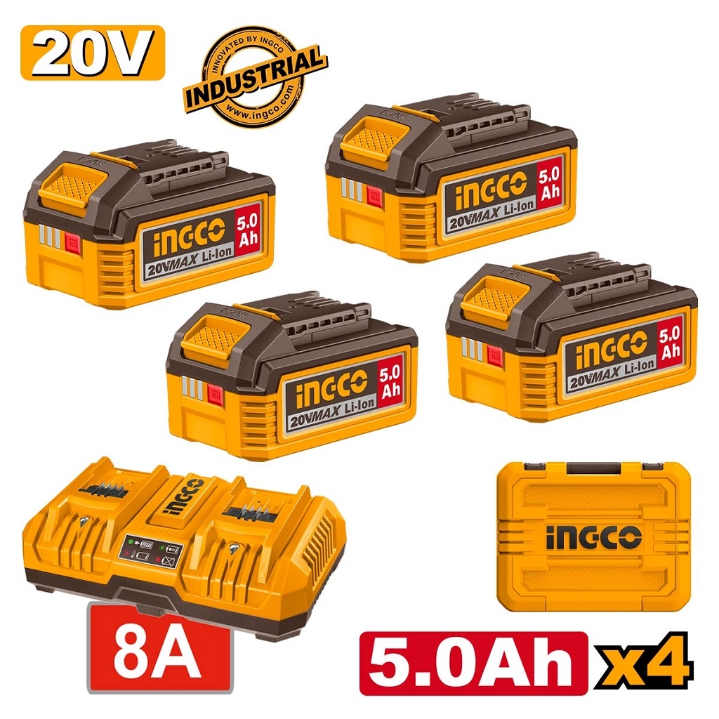 Cordless Power Tools - Μπαταρίες 4 τεμ. 20V 5.0Ah + Ταχυφορτιστής 8A 2 Θέσεων + Βαλίτσα Σετ 6 τεμ.