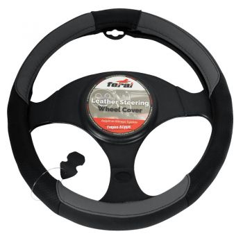 Κάλυμμα Τιμονιού Αυτοκινήτου Δερμάτινο Λείο/ Τρυπητό Μαύρο/Γκρι Medium 38cm - Steering wheel covers