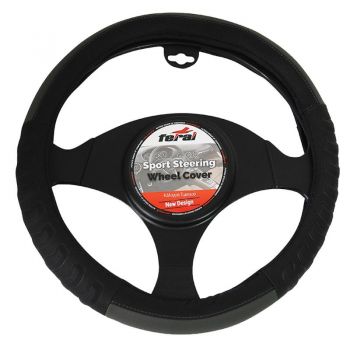 Κάλυμμα Τιμονιού Αυτοκινήτου PU Ανάγλυφο Μαύρο/Γκρι Medium 38cm - Steering wheel covers
