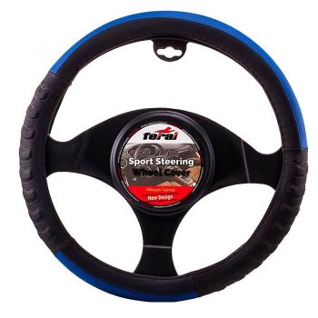 Κάλυμμα Τιμονιού Αυτοκινήτου PU Ανάγλυφο Μαύρο/Μπλε Medium 38cm - Steering wheel covers
