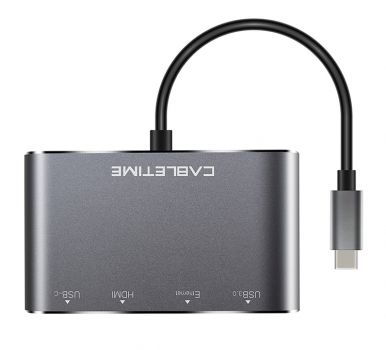 CABLETIME docking station C160, USB-C, 3-ports, 4K, 0.15m, γκρι - Περιφερειακά PC