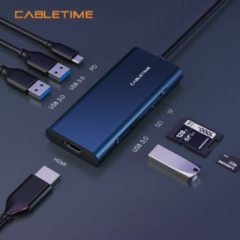 CABLETIME docking station C160, USB-C, 7-ports, 4K, 0.15m, μπλε - Περιφερειακά PC