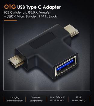 CABLETIME αντάπτορας USB 3.0 σε USB-C & Micro USB C160, μαύρος - Cables