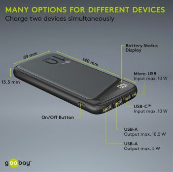 GOOBAY power bank 53935, 10000mAh, 2x USB, 10.5W, μαύρο - Power Bank