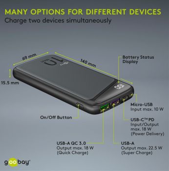 GOOBAY power bank 53936, 10000mAh, 2x USB & Type-C, QC PD, 22.5W, μαύρο - Power Bank