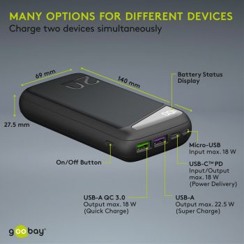 GOOBAY power bank 53939, 20000mAh, 2x USB & Type-C, QC PD, 22.5W, μαύρο - Power Bank