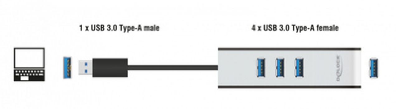 DELOCK USB hub 62534, 4x USB, 5Gbps, 30cm, μαύρο-γκρι - Περιφερειακά PC