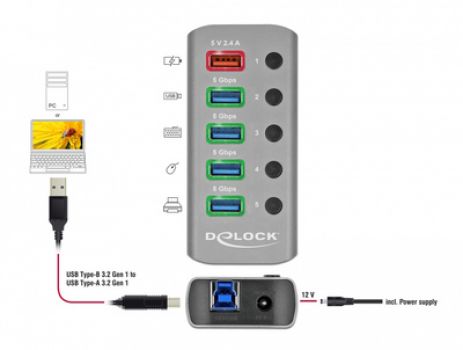 DELOCK USB hub με διακόπτες 63262, 5x USB, 5Gbps, 2.4A, γκρι - Περιφερειακά PC