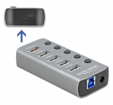 DELOCK USB hub με διακόπτες 63263, 5x USB & USB-C PD, 5Gbps, 2.4A, γκρι - Περιφερειακά PC