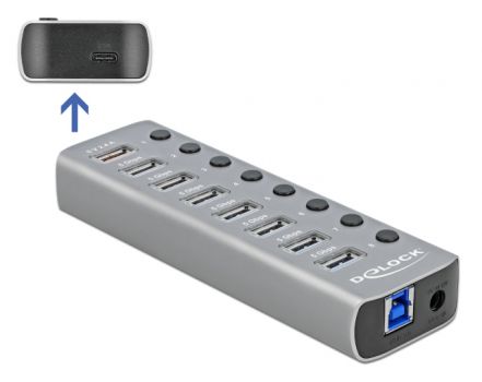 DELOCK USB hub με διακόπτες 63264, 8x USB & USB-C PD, 5Gbps, 2.4A, γκρι - Περιφερειακά PC