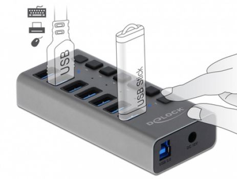 DELOCK USB hub με διακόπτες 63669, 7x USB, 5Gbps, LED, γκρι - Περιφερειακά PC