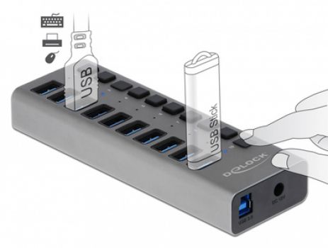 DELOCK USB hub με διακόπτες 63976, 10x USB, 5Gbps, LED, γκρι - Περιφερειακά PC