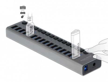 DELOCK USB hub με διακόπτες 63978, 16x USB, 5Gbps, LED, γκρι - Περιφερειακά PC