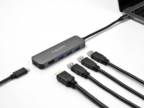 DELOCK USB-C hub 64171, 3x USB 5Gbps, HDMI 4K, USB-C PD 85W, γκρι - Περιφερειακά PC