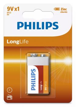 PHILIPS LongLife Zinc chloride μπαταρία 6F22L1B/10, 6F22 9V, 1τμχ - Alkaline / Rechargeable batteries