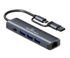 POWERTECH USB hub PTR-0150 με θύρα δικτύου, 4 θυρών, USB &amp; USB-C, γκρι - Networking