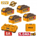 Μπαταρίες 4 τεμ. 20V 5.0Ah + Ταχυφορτιστής 8A 2 Θέσεων + Βαλίτσα Σετ 6 τεμ. - Set Cordless Tools