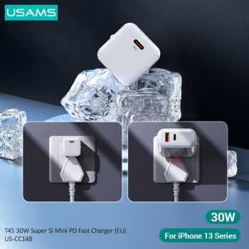 USAMS φορτιστής τοίχου T45, USB Τype-C, Super Si, PD, QC, 30W, λευκός - Mobile chargers