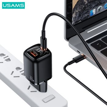 USAMS φορτιστής τοίχου CC152 με οθόνη, USB-C & USB, PD & QC, 33W, μαύρος - Mobile chargers