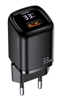 USAMS φορτιστής τοίχου CC152 με οθόνη, USB-C & USB, PD & QC, 33W, μαύρος - Mobile chargers