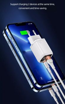 USAMS φορτιστής τοίχου CC152 με οθόνη, USB-C & USB, PD & QC, 33W, λευκός - Mobile chargers