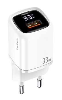 USAMS φορτιστής τοίχου CC152 με οθόνη, USB-C & USB, PD & QC, 33W, λευκός - Mobile chargers