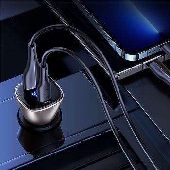 USAMS φορτιστής αυτοκινήτου CC155 με οθόνη, USB & USB-C, 72W, μπλε - Mobile chargers