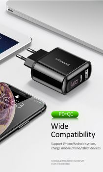 USAMS φορτιστής τοίχου T23, USB & type-C, οθόνη, 18W 3A, μαύρος - Φορτιστές κινητών