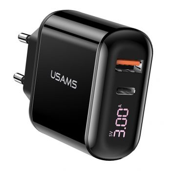 USAMS φορτιστής τοίχου T23, USB & type-C, οθόνη, 18W 3A, μαύρος - Φορτιστές κινητών
