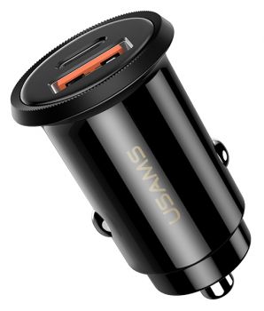 USAMS φορτιστής αυτοκινήτου C12, USB & type-C, 5A 30W, μαύρος - Φορτιστές κινητών