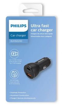 PHILIPS φορτιστής αυτοκινήτου DLP2521-00, USB & Type-C, 36W, μαύρος - Φορτιστές κινητών