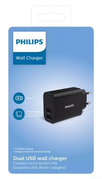 PHILIPS φορτιστής τοίχου DLP2620-12, 2x USB, 17W, μαύρος - Mobile chargers