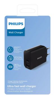 PHILIPS φορτιστής τοίχου DLP2621-12, USB & Type-C, 30W, μαύρος - Φορτιστές κινητών