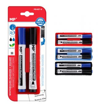 MP μαρκαδόροι & σφουγγάρι ασπροπίνακα PE487-9, 2/3mm μαύρος & μπλε, 2τμχ - Office Supplies
