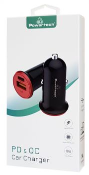 POWERTECH φορτιστής αυτοκινήτου PT-713, 1x USB, 1x Type-C, 18W, μαύρος - Φορτιστές κινητών