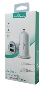 POWERTECH Φορτιστής αυτοκινήτου & καλώδιο Lightning PT-774, 2x USB, 3.4A - Φορτιστές κινητών