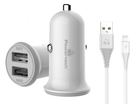 POWERTECH Φορτιστής αυτοκινήτου & καλώδιο Lightning PT-774, 2x USB, 3.4A - Φορτιστές κινητών