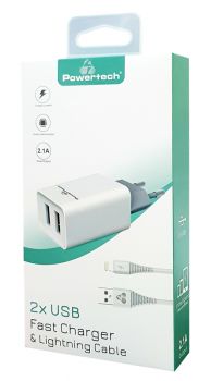 POWERTECH Φορτιστής τοίχου & καλώδιο Lightning PT-777, 2x USB, 2.1A - Φορτιστές κινητών