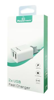 POWERTECH Φορτιστής τοίχου PT-778, 2x USB, 2.1A, λευκός - Mobile chargers