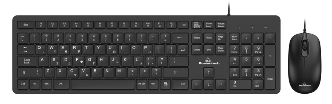 POWERTECH set ποντίκι & πληκτρολόγιο PT-838, ενσύρματο, 1000dpi, μαύρο - Περιφερειακά PC